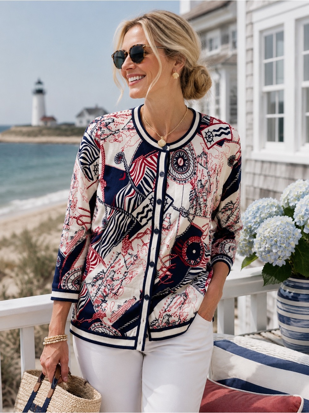 Talbots Sea Map Print Nautical Cardigan Red White Blue Small NWOT
